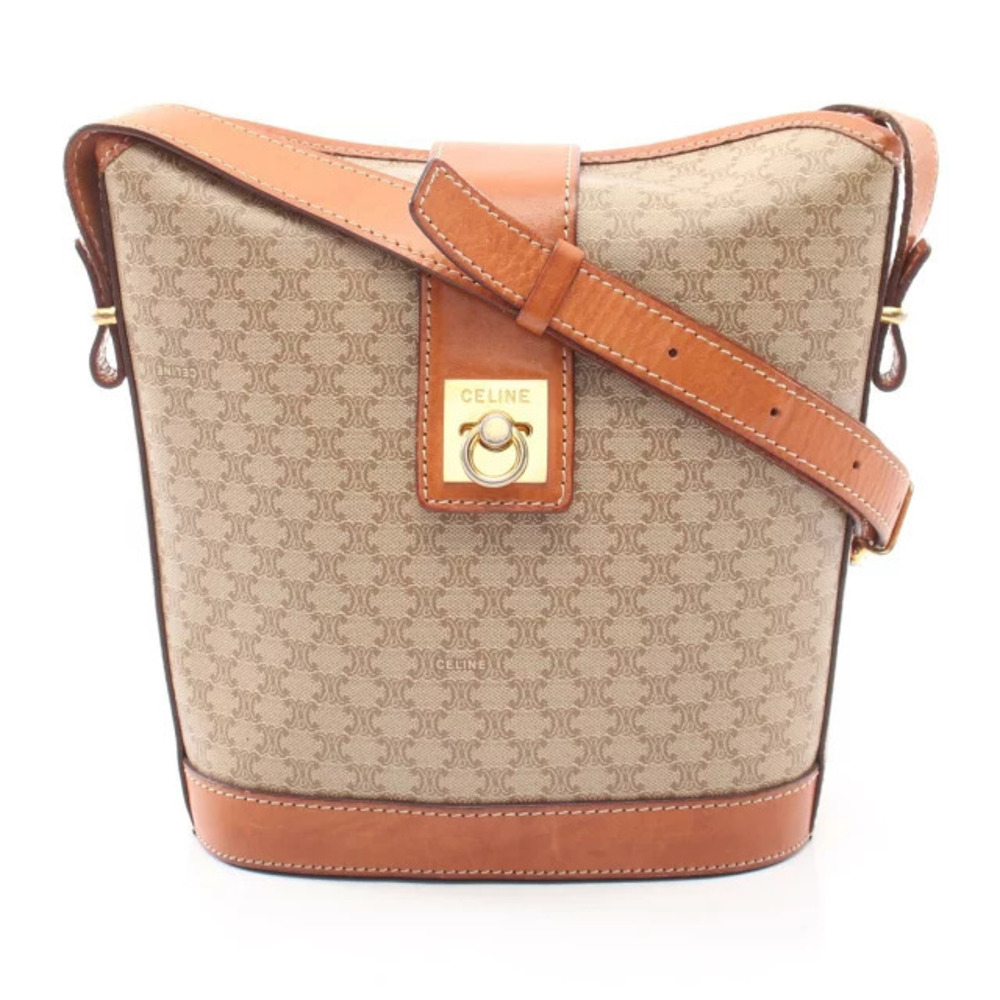 Celine Macadam Shoulder Bag Canvas Leather Beige Cream Brown
